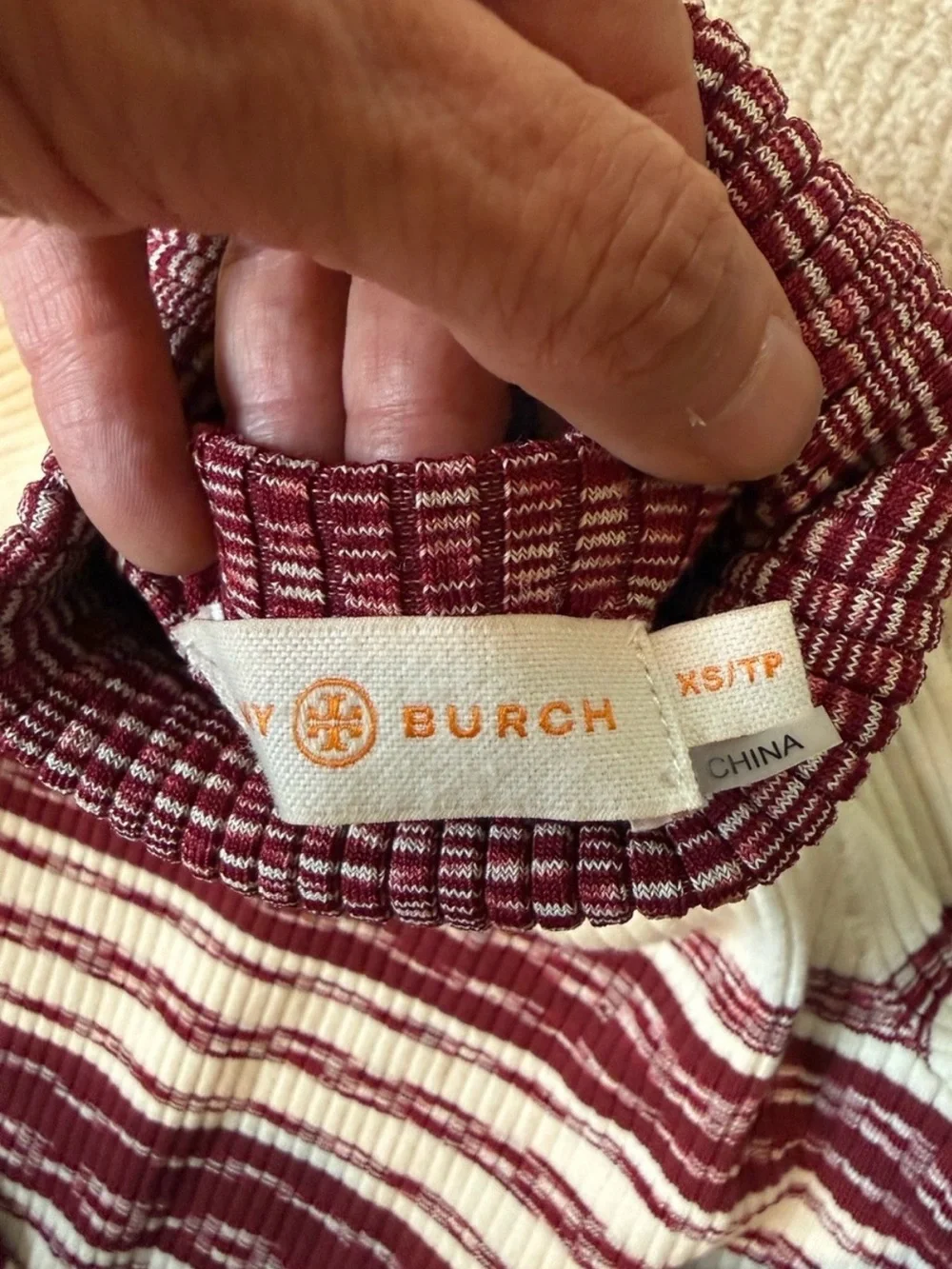 Tory Burch Striped Turtleneck Sweater in Wine and Cream